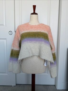 BDG Fuzzy Striped Cropped Sweater in Peach, Olive & Lavender